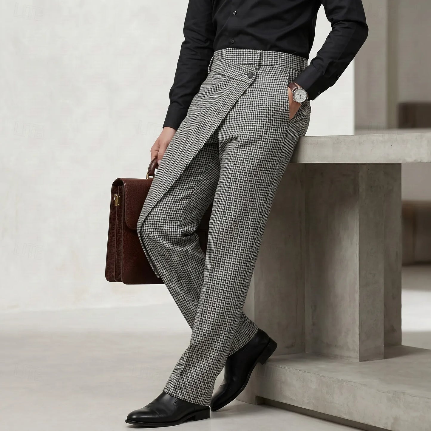 Men's Business Casual Houndstooth Pattern High Waist Asymmetrical Overlap Suit Pants
