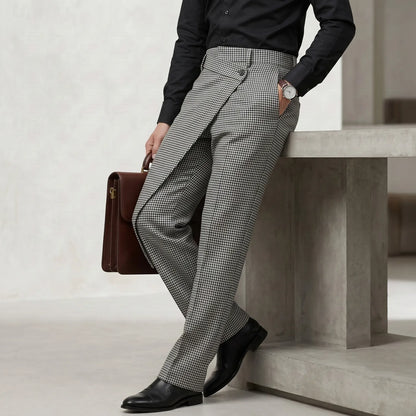 Men's Business Casual Houndstooth Pattern High Waist Asymmetrical Overlap Suit Pants