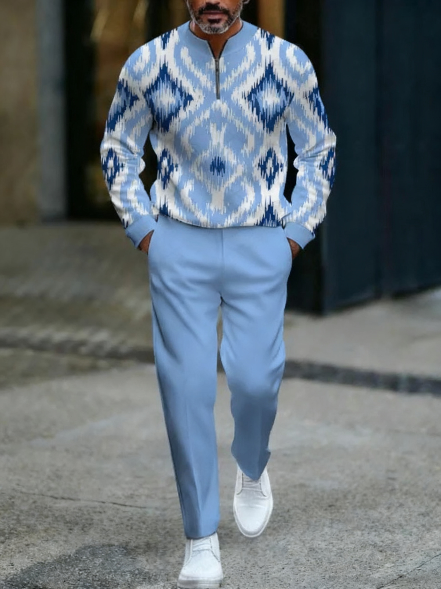 Men's Casual Color Matching Printed Round-Neck Zipper Long Sleeved Trousers Two-Piece Set