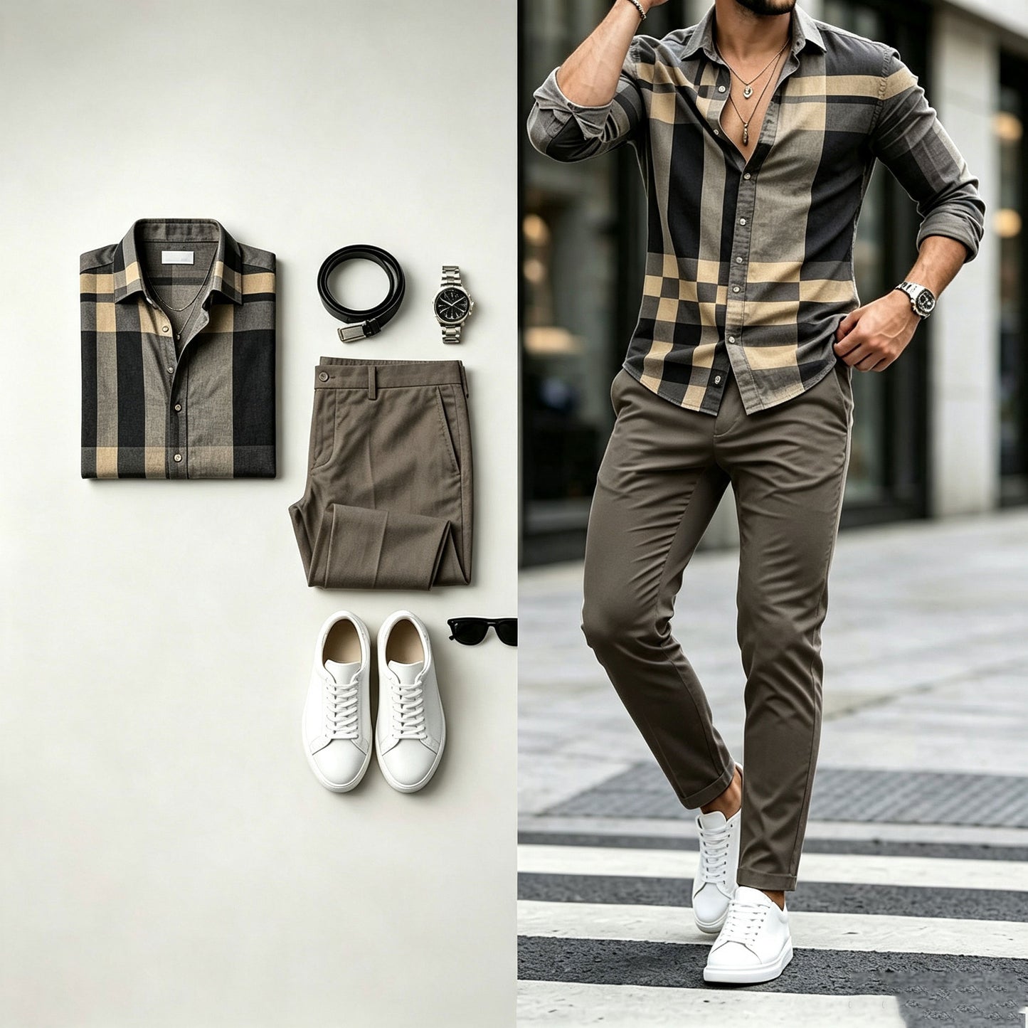 Men's Two-Tone Print Long-Sleeve Shirt and Pants Set