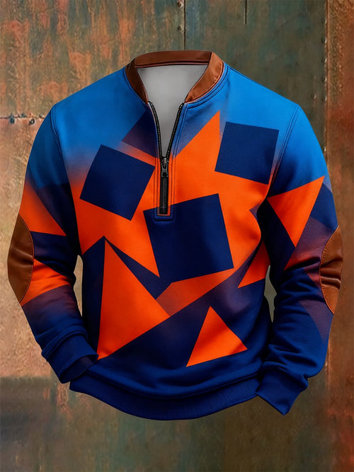 Men's Retro Bauhaus Geometric Style Print Quarter Zip Sweatshirt