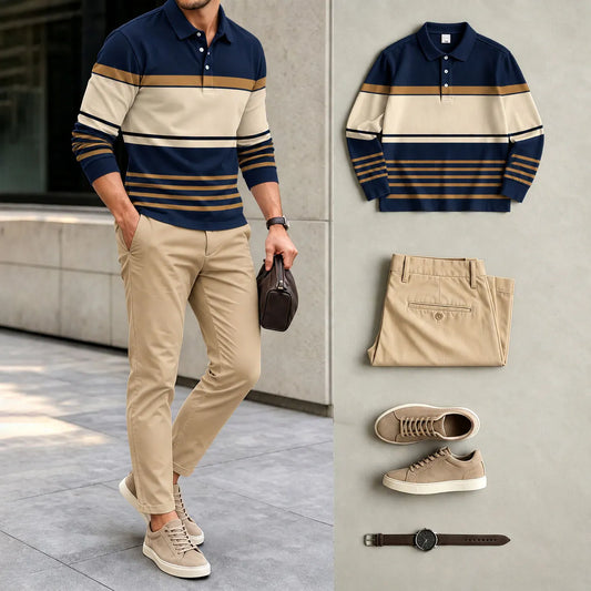 Men's Color-Blocked Polo Shirt and Pants Set