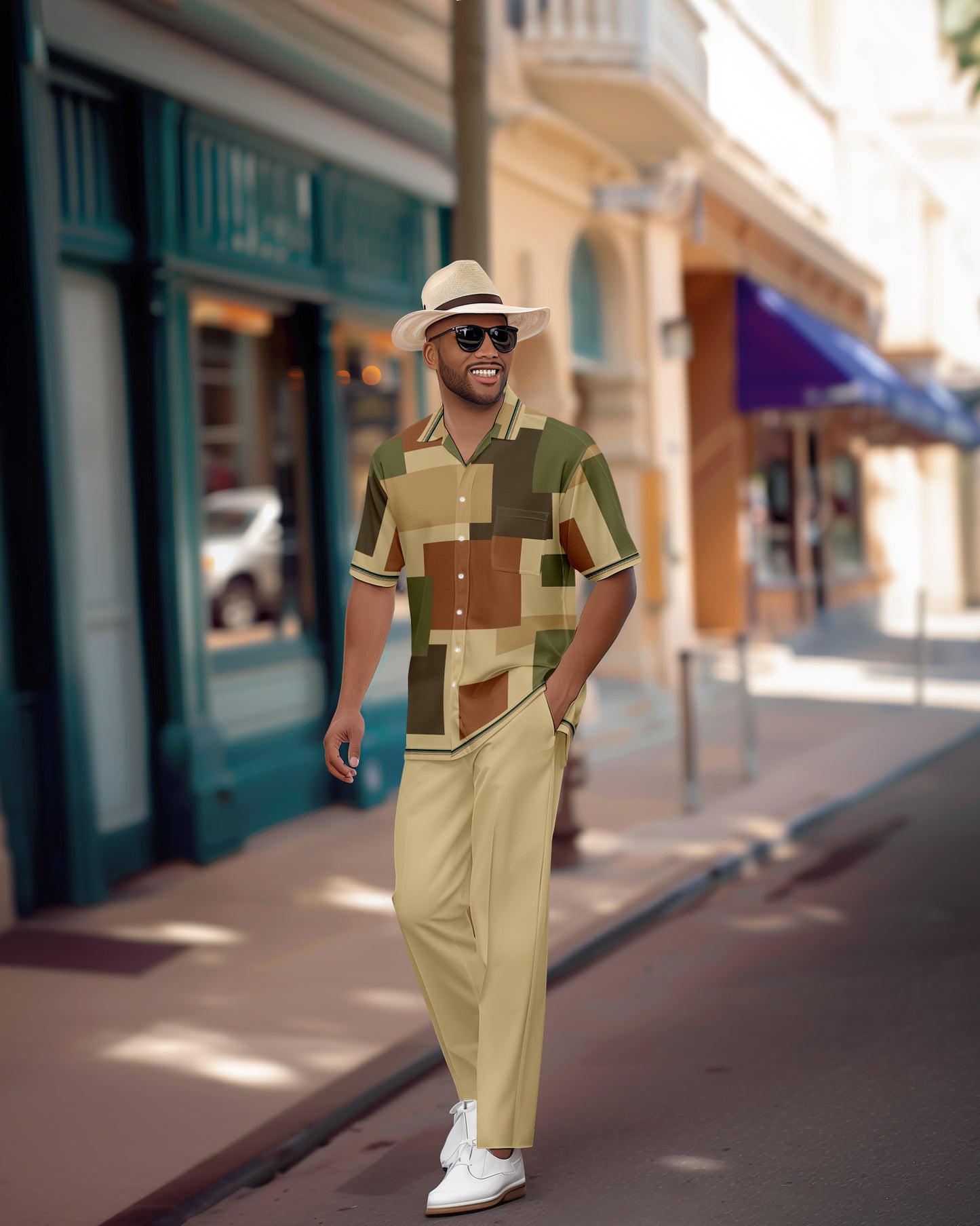 Men's Retro Colorblock Short Sleeve Shirt Walking Suit 1152