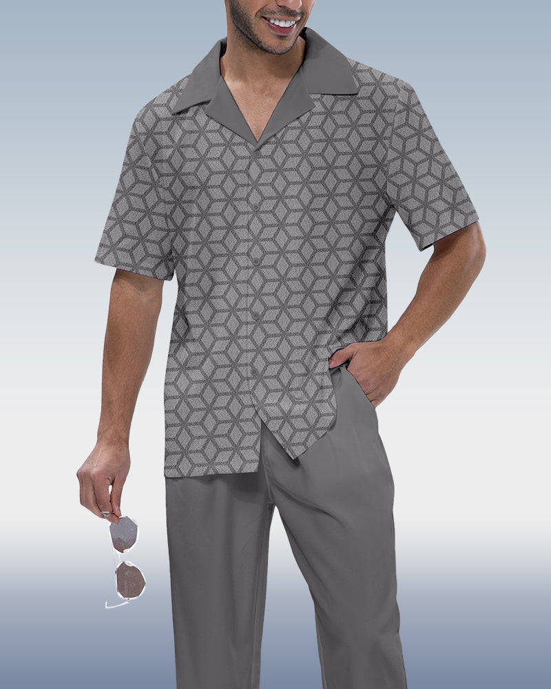 Rianmond Men's Vintage Geometric Print Short Sleeve Shirt Walking Set 576