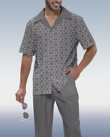 Rianmond Men's Vintage Geometric Print Short Sleeve Shirt Walking Set 576