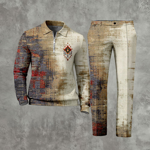 Men's Ethnic Totem Polo Zipper Long Sleeve Khaki Two-Piece Set