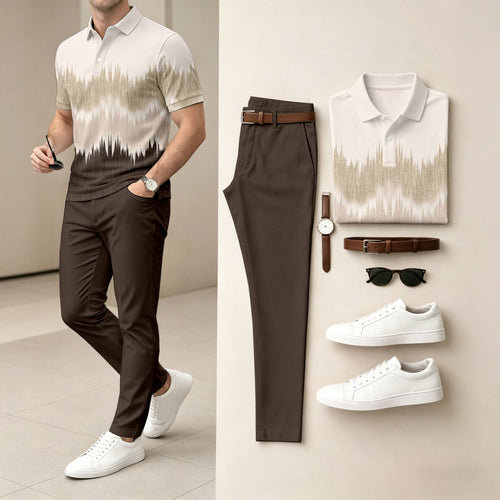 Men's Casual Printed Polo Shirt And Pants Two-Piece Set