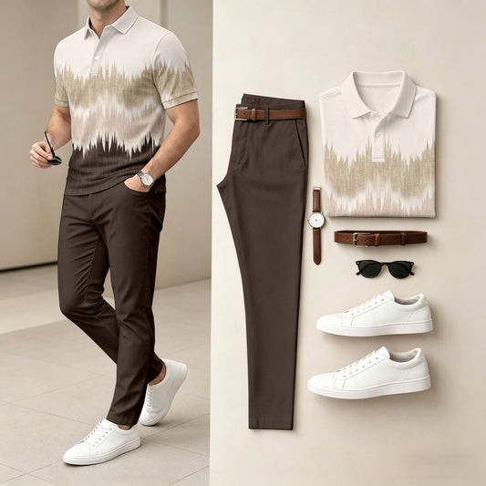 Men's Casual Printed Polo Shirt And Pants Two-Piece Set