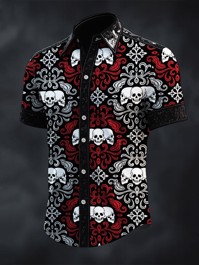 Men's Retro Western Gothic Skull Print Short Sleeve Shirt