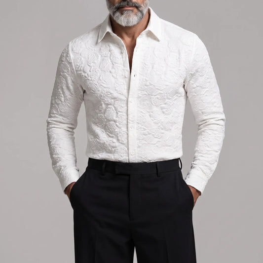 Men's White 3D Floral Embossed Pattern Slim Fit Long Sleeve Shirt