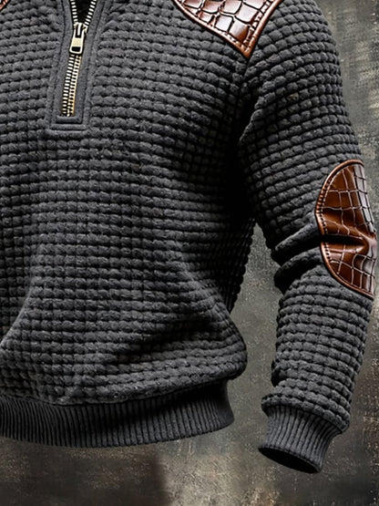 Men'S Vintage Textured Square Grid Patchwork Color-Block Long-Sleeved Sweatshirt