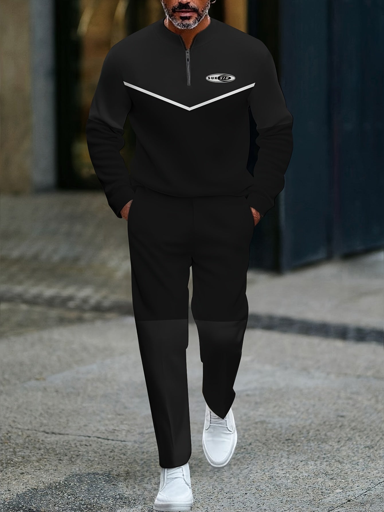 Men's Casual Color Matching Printed Round-Neck Zipper Long Sleeved Trousers Two-Piece Set