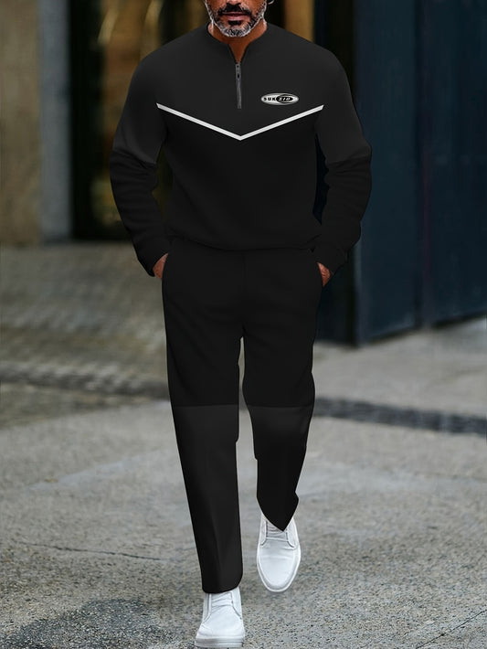 Men's Casual Color Matching Printed Round-Neck Zipper Long Sleeved Trousers Two-Piece Set