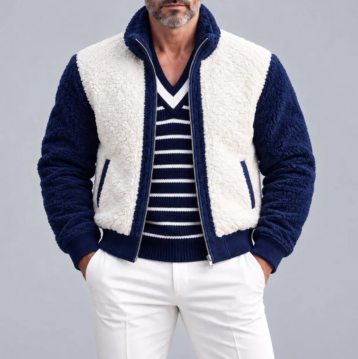 Men's Casual Color Block Stand Collar Slant Pockets Sherpa Fleece Zipper Jacket
