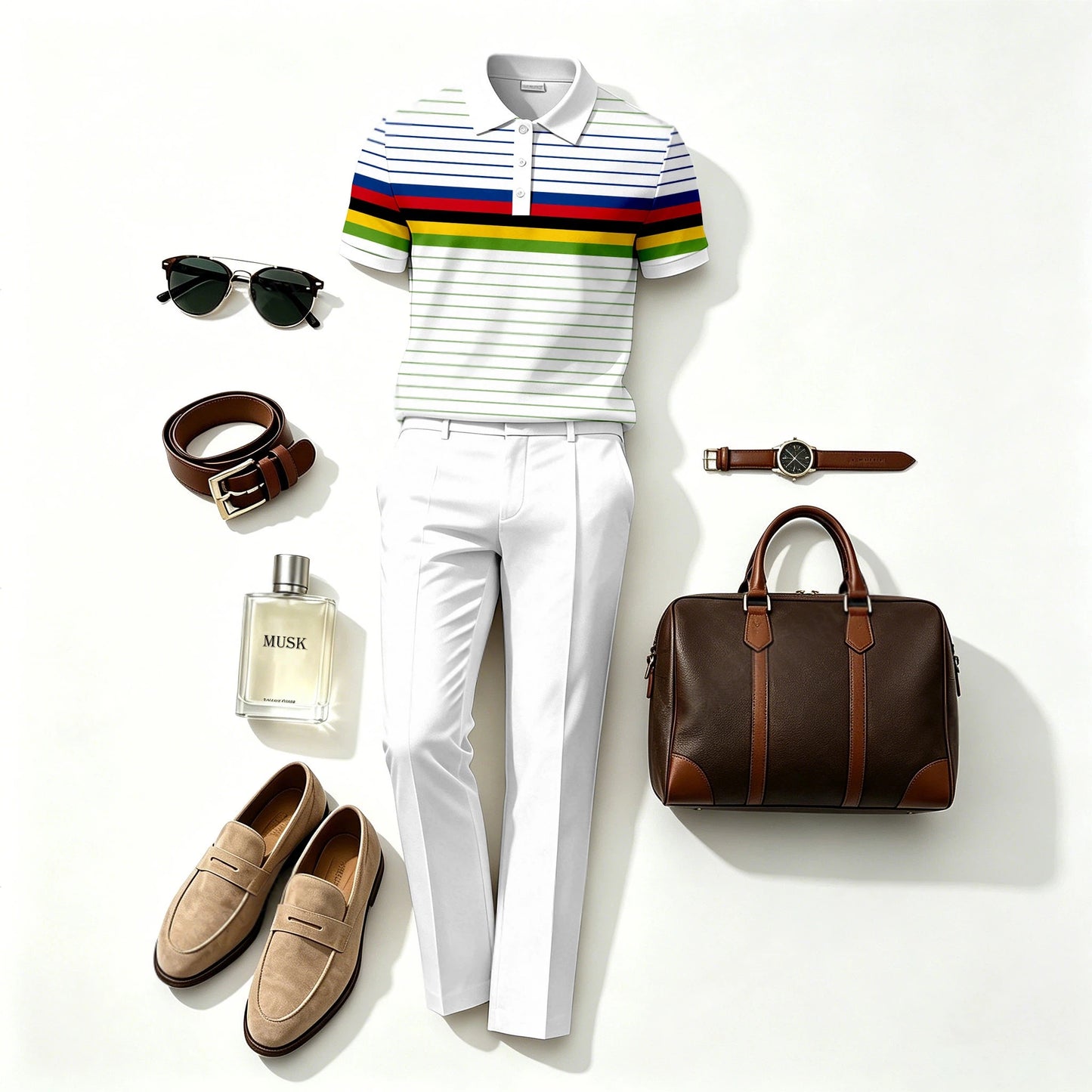 Men's Casual Striped Print Short-Sleeve Polo Shirt and Pants Two-Piece Set (Does Not Include Accessories Such As Watches Or Glasses)