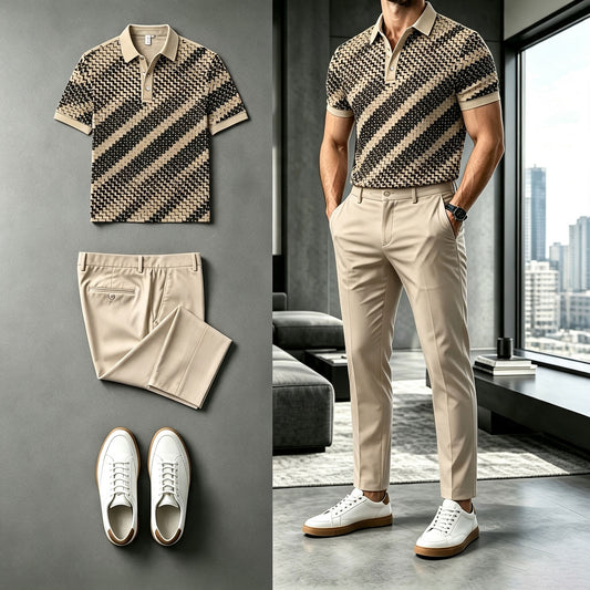 Men's Diagonal-Striped Short-Sleeve Polo Shirt and Pants Set