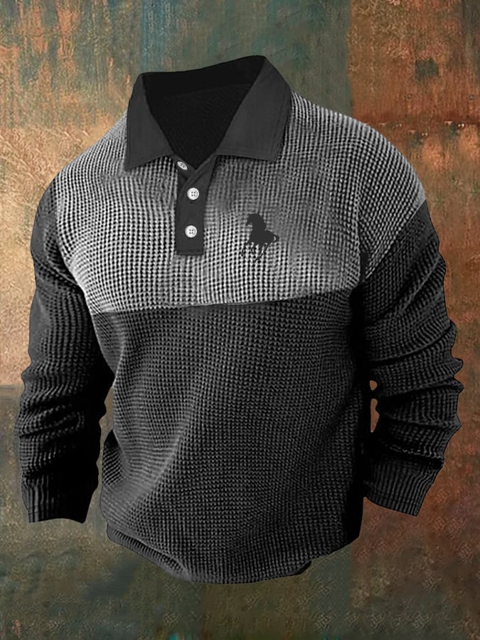 Men's Retro Business Casual Waffle Fabric Long Sleeve Polo Shirt
