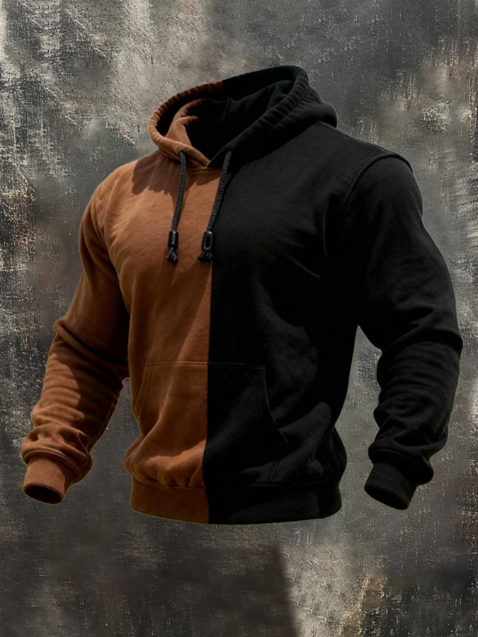 Men's Retro Stitching Contrast Color Hooded Casual Sweatshirt Suit