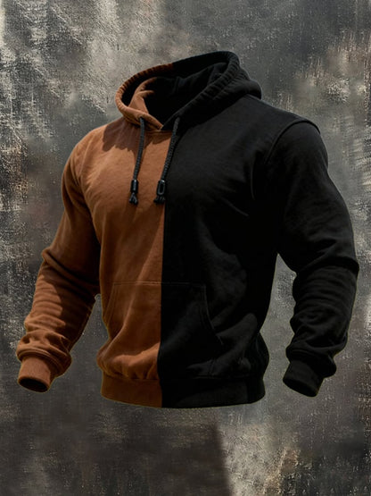 Men's Retro Stitching Contrast Color Hooded Casual Sweatshirt Suit