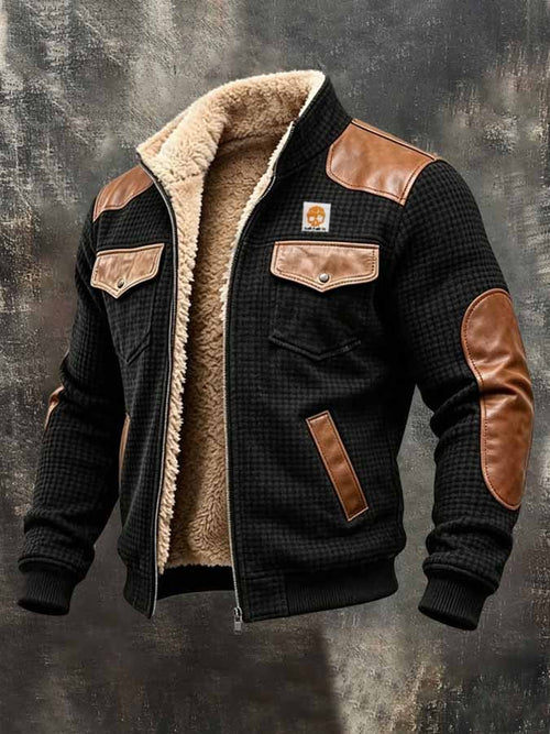Men's Retro Waffle-Knit & Leather Panel Fleece-Lined Warm Outdoor Jacket