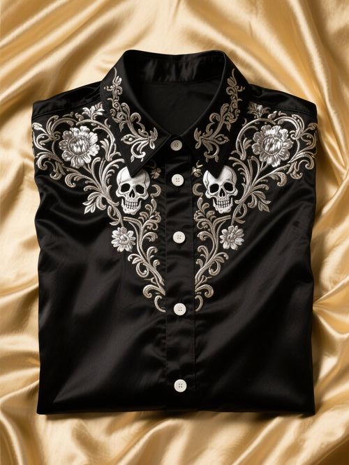 Men's Satin Luxury Business Skull Short Sleeve Button Shirt