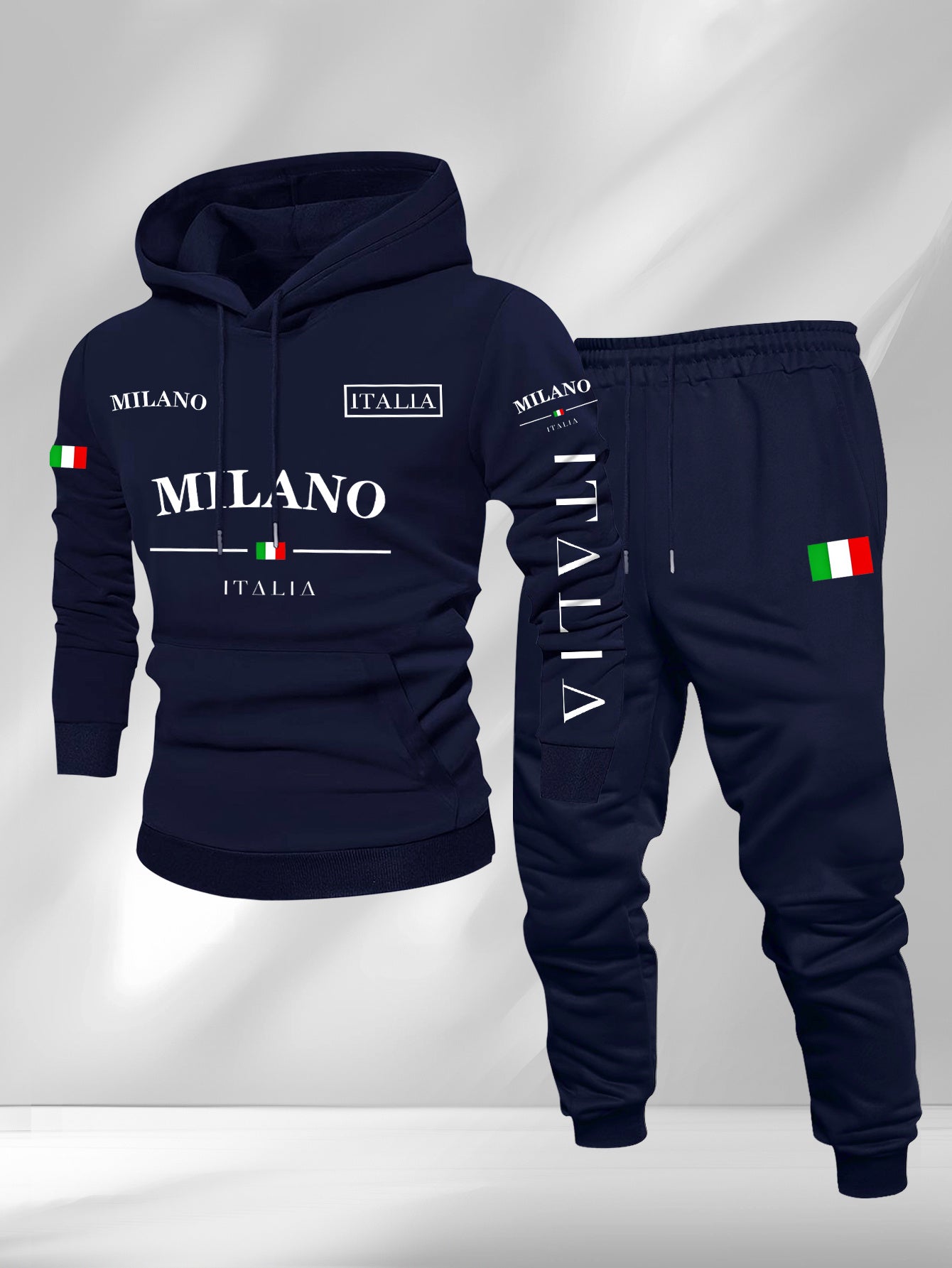 Men's Casual Color Matching Printed Hoodies Long Sleeved Sweatshirts & Sweatpants Two-Piece Set