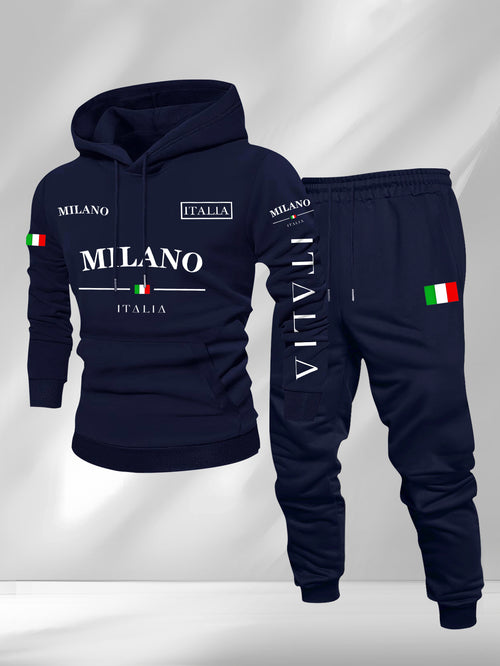 Men's Casual Color Matching Printed Hoodies Long Sleeved Sweatshirts & Sweatpants Two-Piece Set