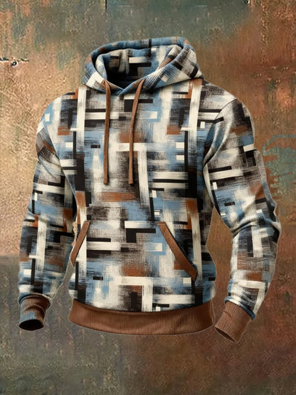 Men's Retro Distressed Color Block Print Casual Fur Collar Long Sleeve Sweatshirt