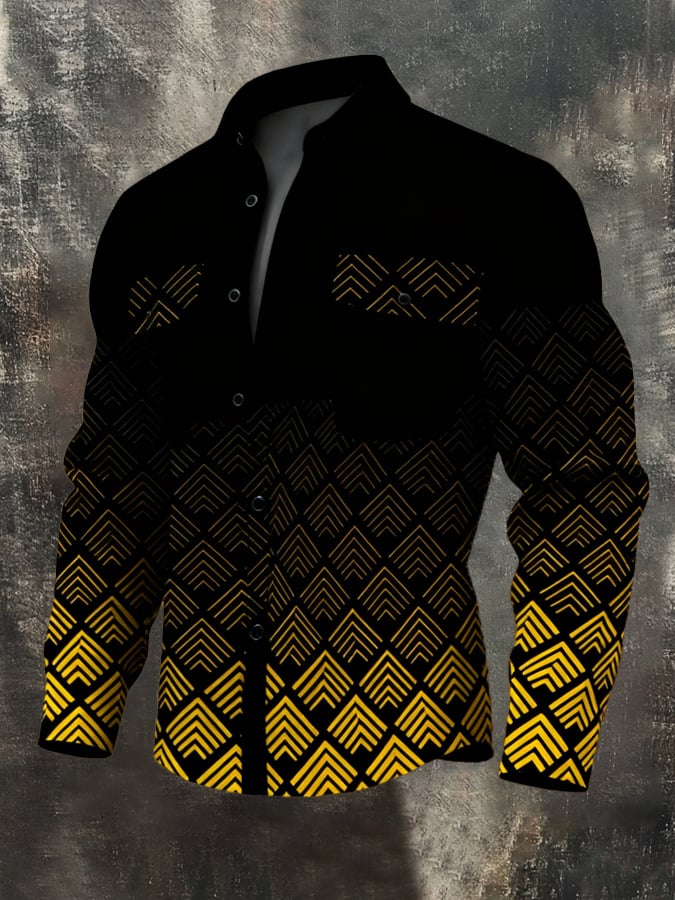 Men'S Vintage Color-Block Printed Long-Sleeved Shirt