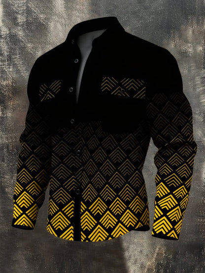 Men'S Vintage Color-Block Printed Long-Sleeved Shirt