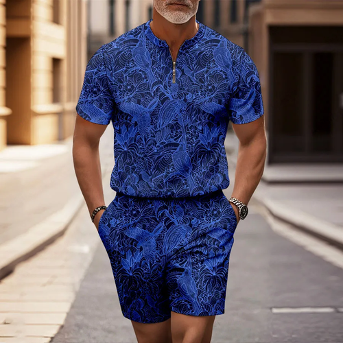 Men's Casual Royal Blue Half-Zip Short-Sleeved Shirt And Shorts Two-Piece Set