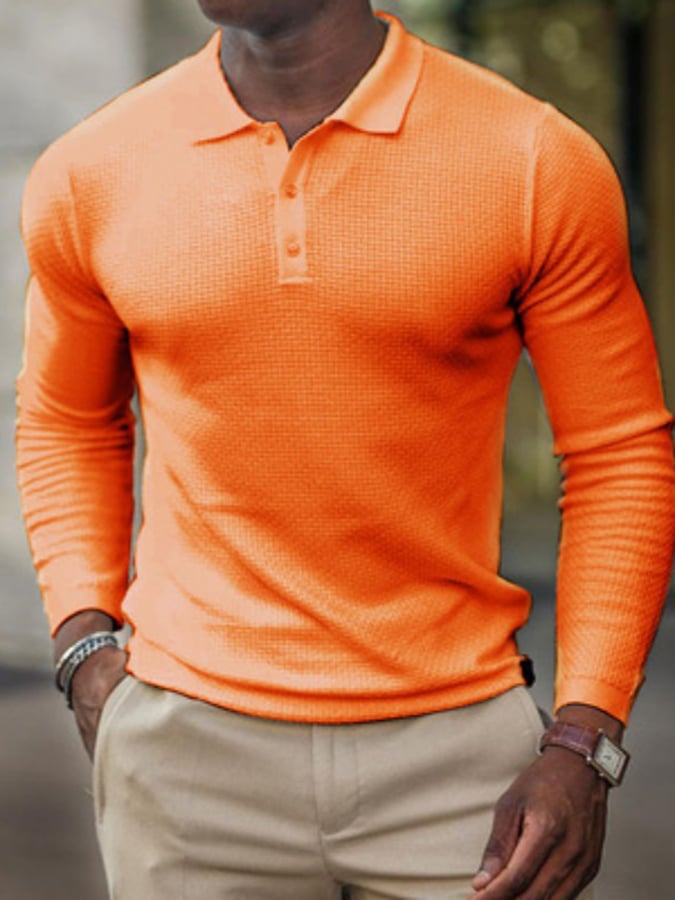 Waffle Casual Long Sleeve Half Button Polo Shirt