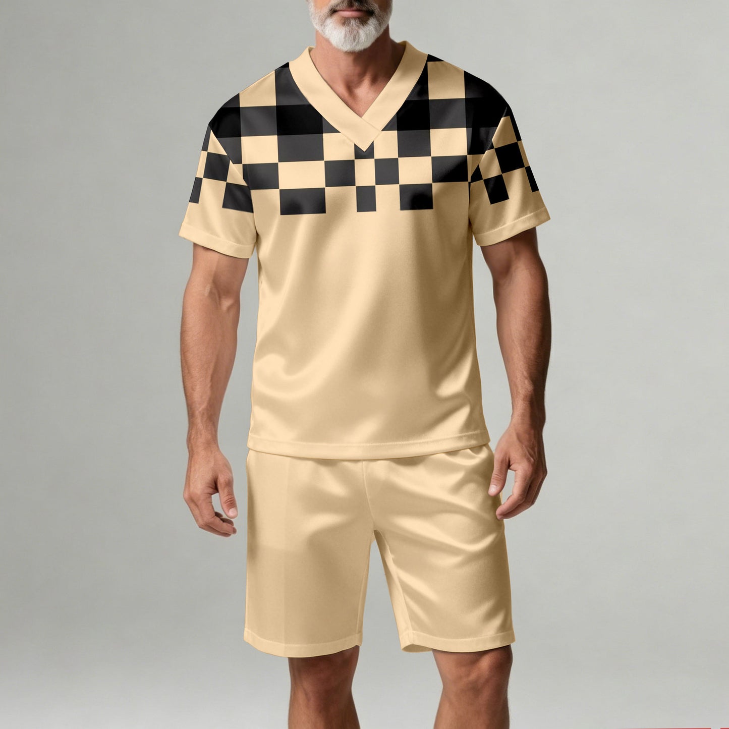Men's Casual Beige Geometric Print V-Neck Short-Sleeve T-Shirt And Shorts Two-Piece Set