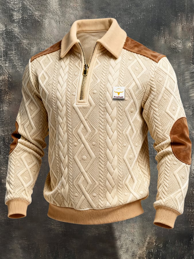 Men's Retro Jacquard Textured Patchwork Comfortable Color-Blocked Zip-Up Sweatshirt