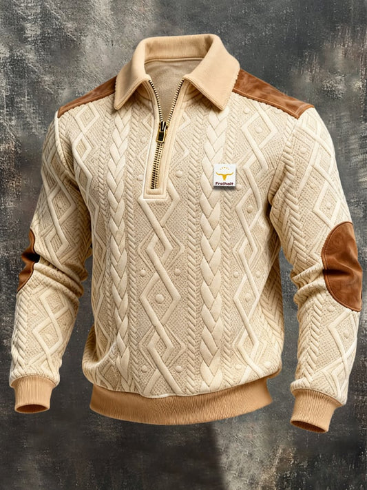 Men's Retro Jacquard Textured Patchwork Comfortable Color-Blocked Zip-Up Sweatshirt
