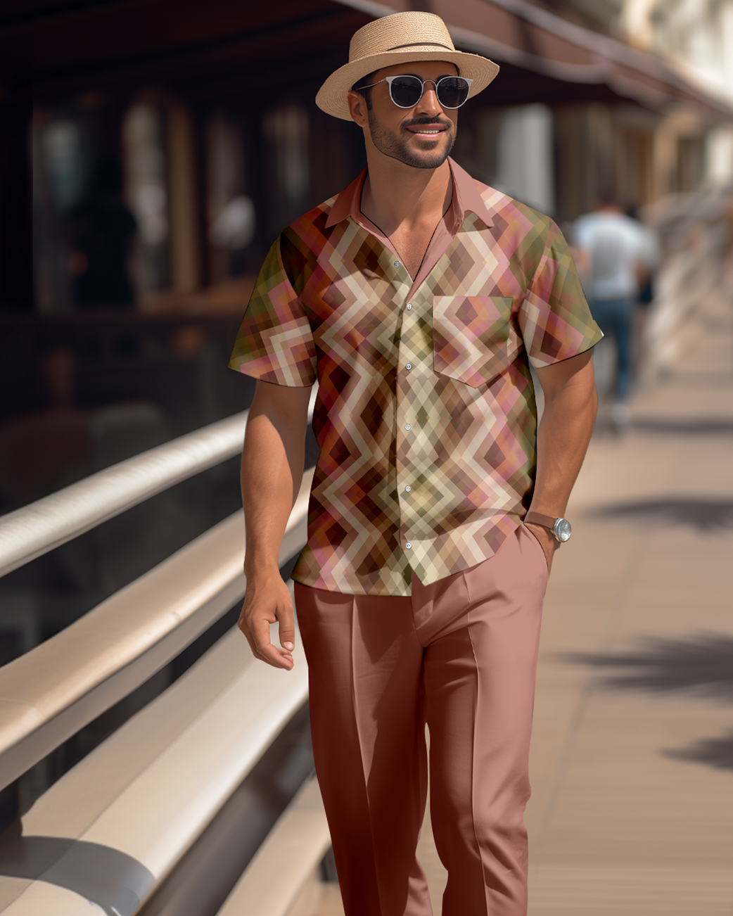 Men's retro colorblock short-sleeved shirt walking Suit 1688