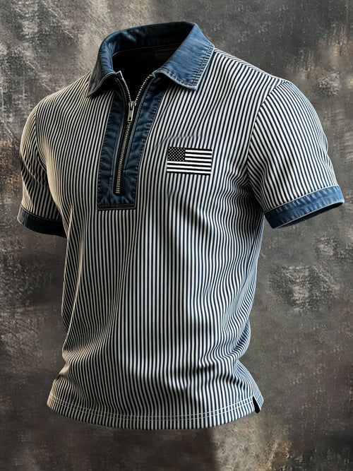 Men's Retro "Patriot" Color-Block Short-Sleeve Half-Zip Polo Shirt