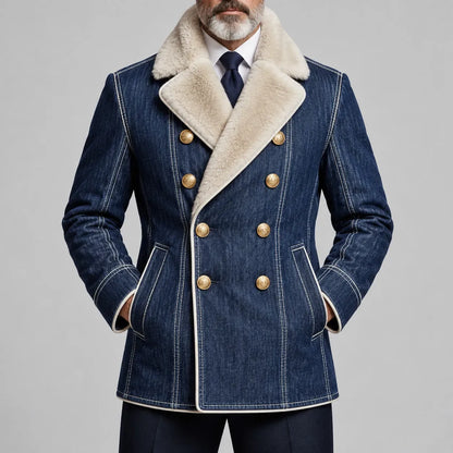 Men's Navy Blue Contrast Fuzzy Collar Topstitching Double-Breasted Denim Blazer