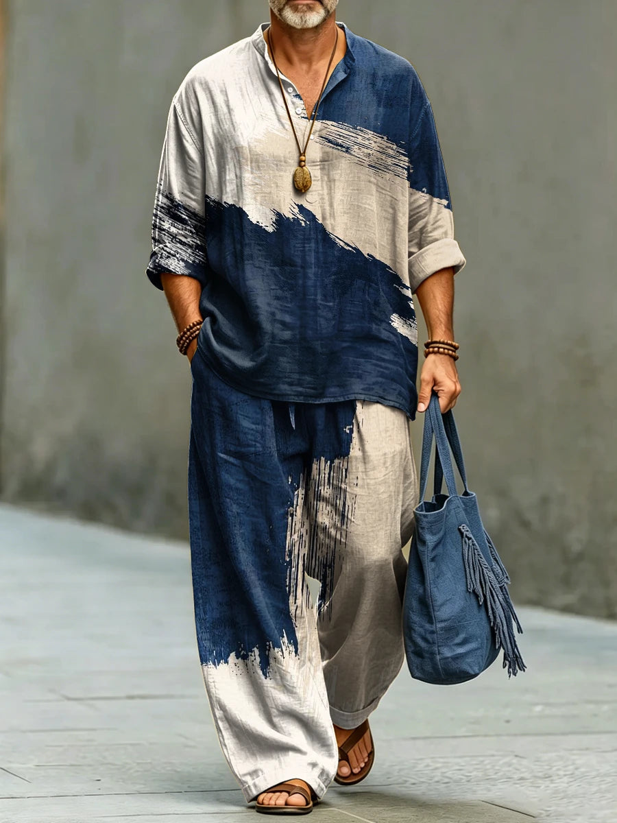 Men's Fashionable Abstract Art Print Cotton Shirt Set