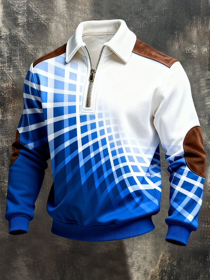 Men's Retro Color Block Print Color-Blocked Zip-Up Sweatshirt