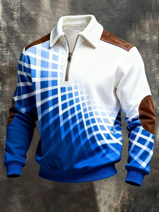 Men's Retro Color Block Print Color-Blocked Zip-Up Sweatshirt