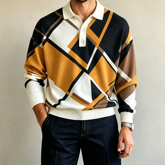 Men's Two-Tone Long-Sleeve Polo Shirt
