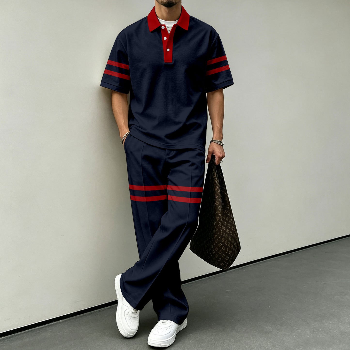 Men's Red and Black Color-Blocked Short-Sleeve Polo Shirt and Pants Set