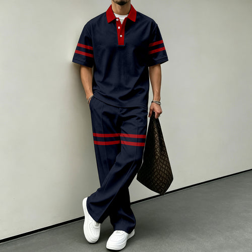Men's Red and Black Color-Blocked Short-Sleeve Polo Shirt and Pants Set
