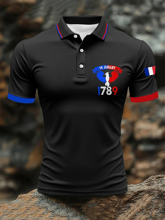 Men's Short Sleeve French Contrast Print Button POLO Shirt