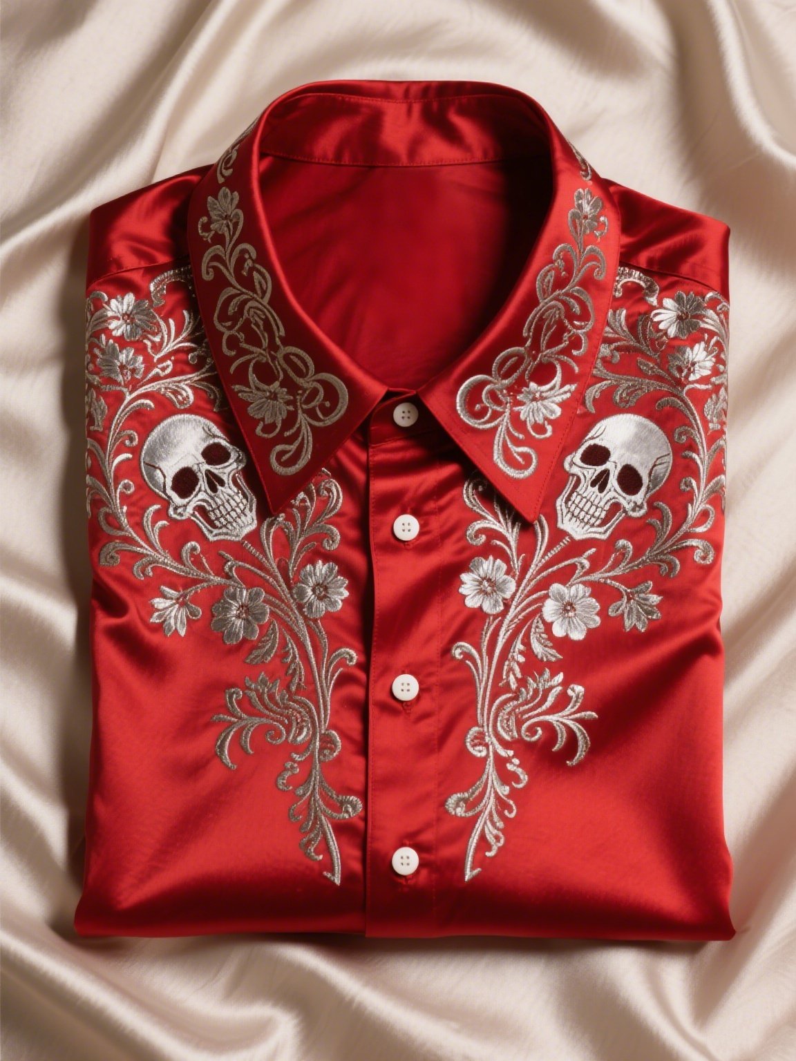 Men's Satin Luxury Business Skull Short Sleeve Button Shirt