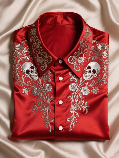 Men's Satin Luxury Business Skull Short Sleeve Button Shirt