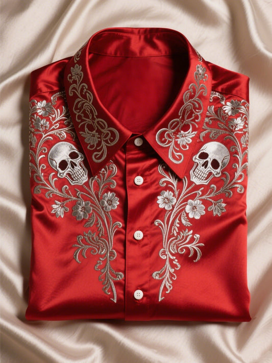 Men's Satin Luxury Business Skull Short Sleeve Button Shirt