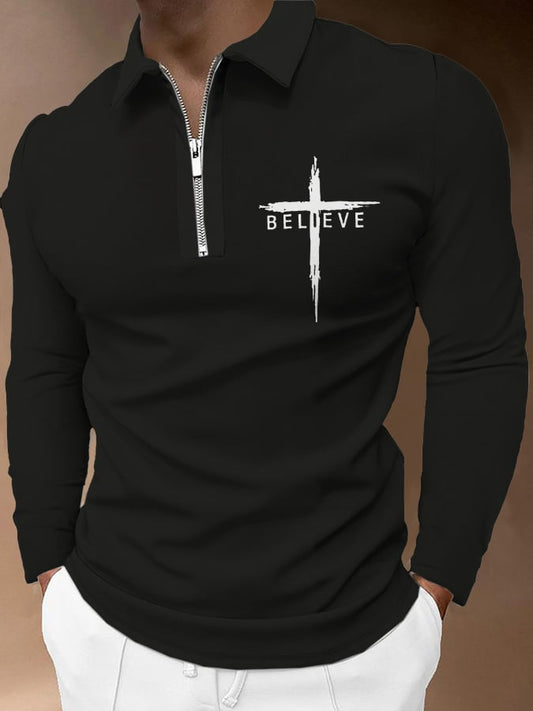 Men's Believe Cross Print Long Sleeve Polo Shirt