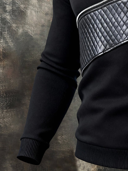 Men's Vintage Leather Patchwork Zip-Up Crewneck Long-Sleeved Sweatshirt